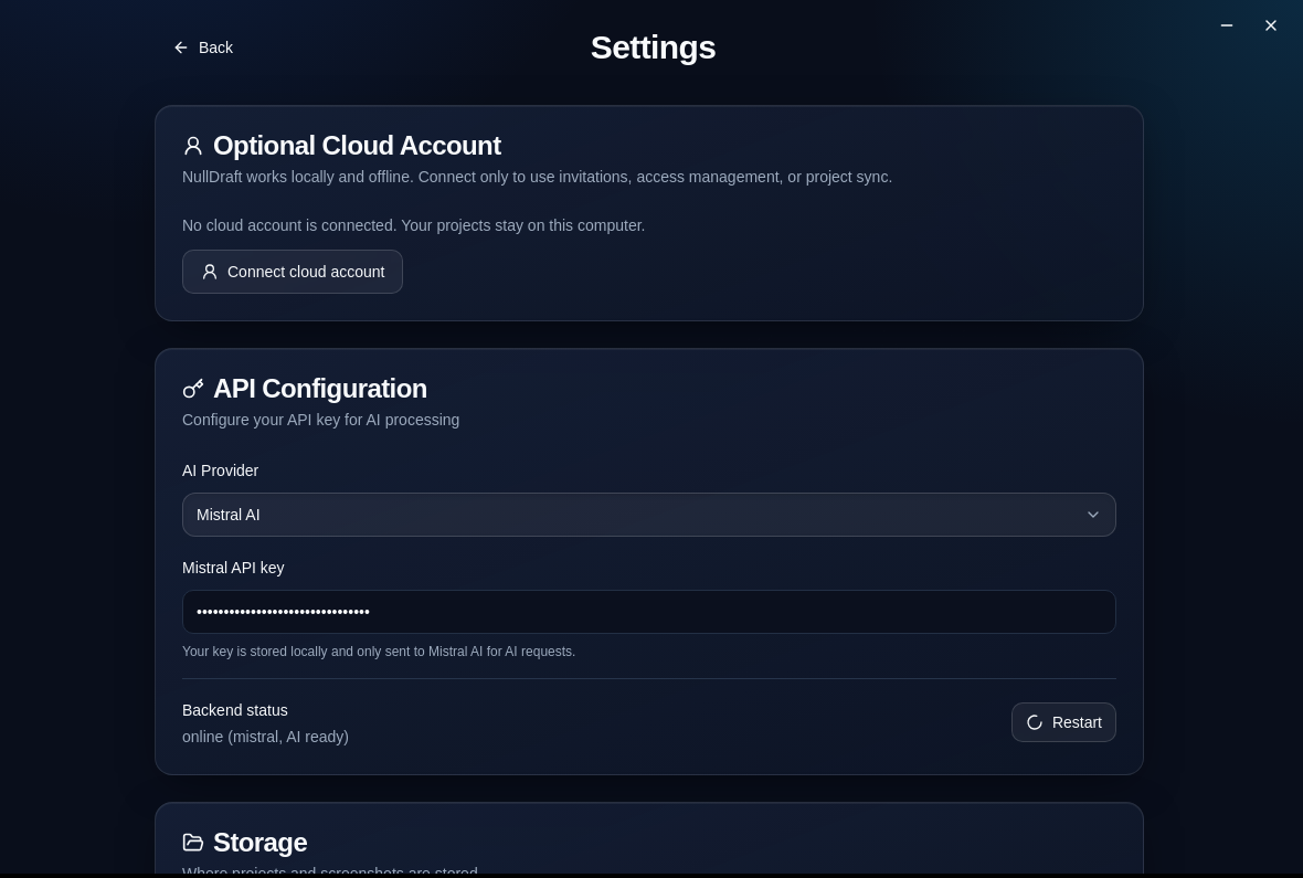 NullDraft local AI and cloud account settings